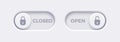 Open and Closed toggle switch buttons with open lock and closed lock icon. Material design switch buttons set.